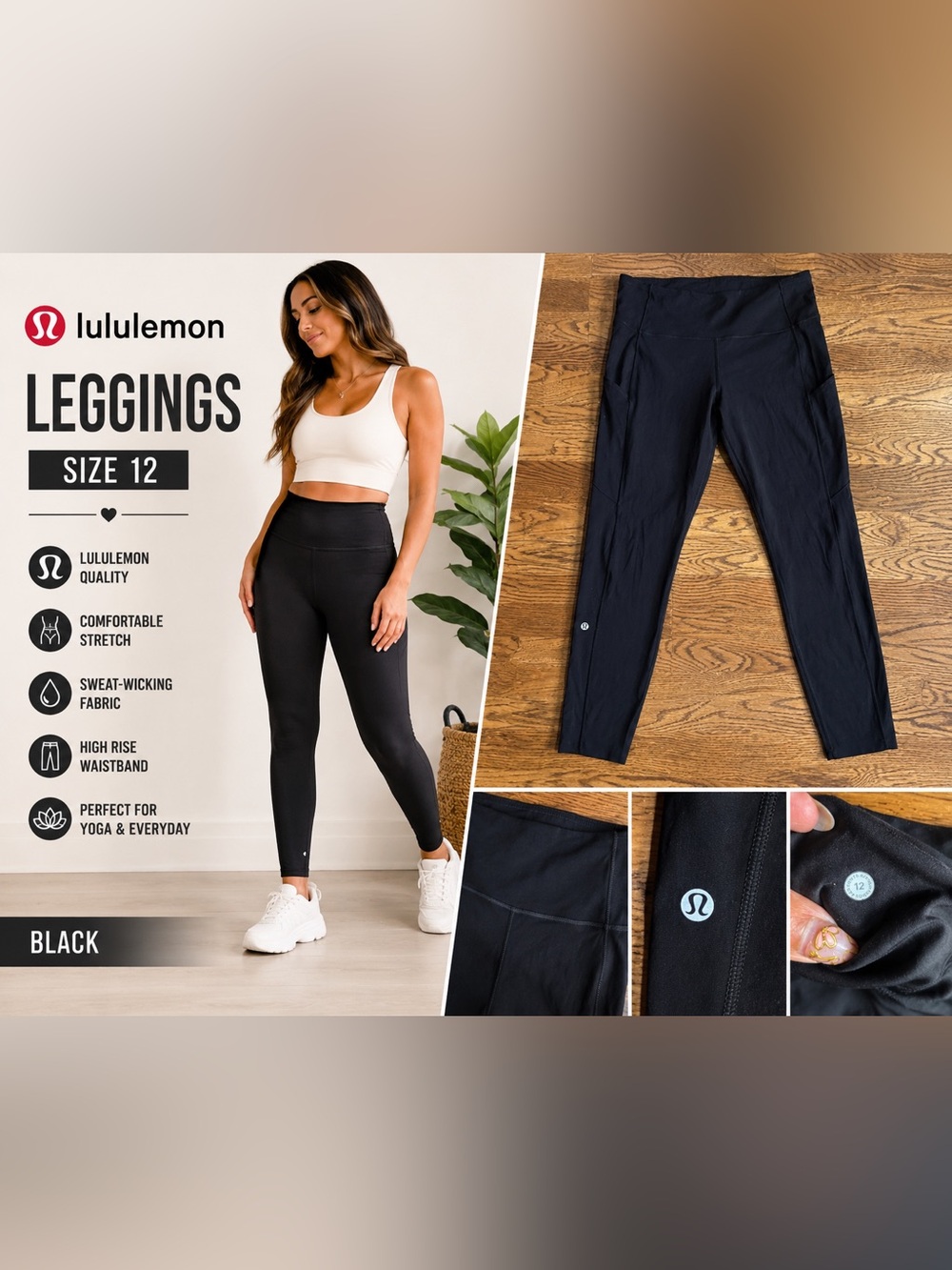 Lululemon Black High-Rise Leggings | Size 12 | Side Pocket Athletic Leggings